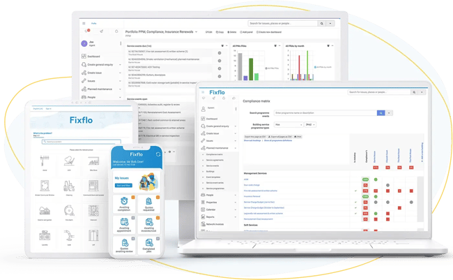 Fixflo's commercial offerings including its customer dashboard, tenant reporting portal, contractor app and compliance matrix