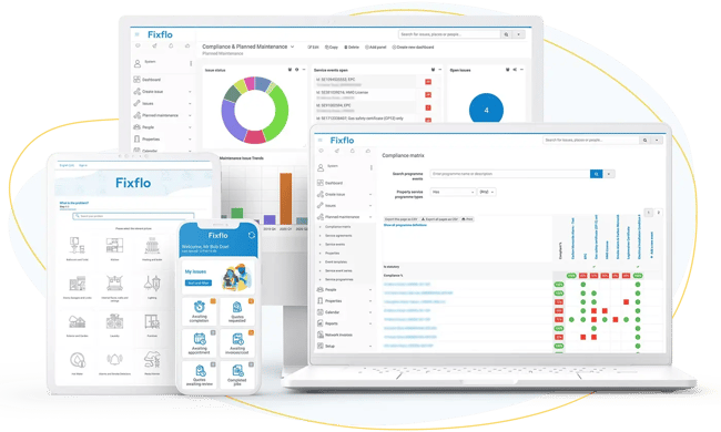 Fixflo's social housing offerings including its customer dashboard, tenant reporting portal, contractor app and compliance matrix