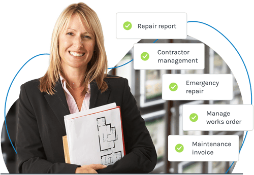 A smiling letting agent with checkbox illustrations of work completed via Fixflo's software including contractor management